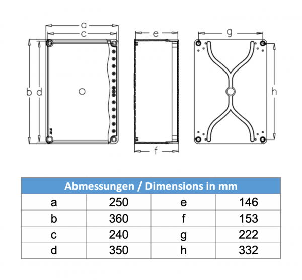 Installationsgehäuse IP67 (250x360x150mm) + Hutschiene und Sichtdeckel